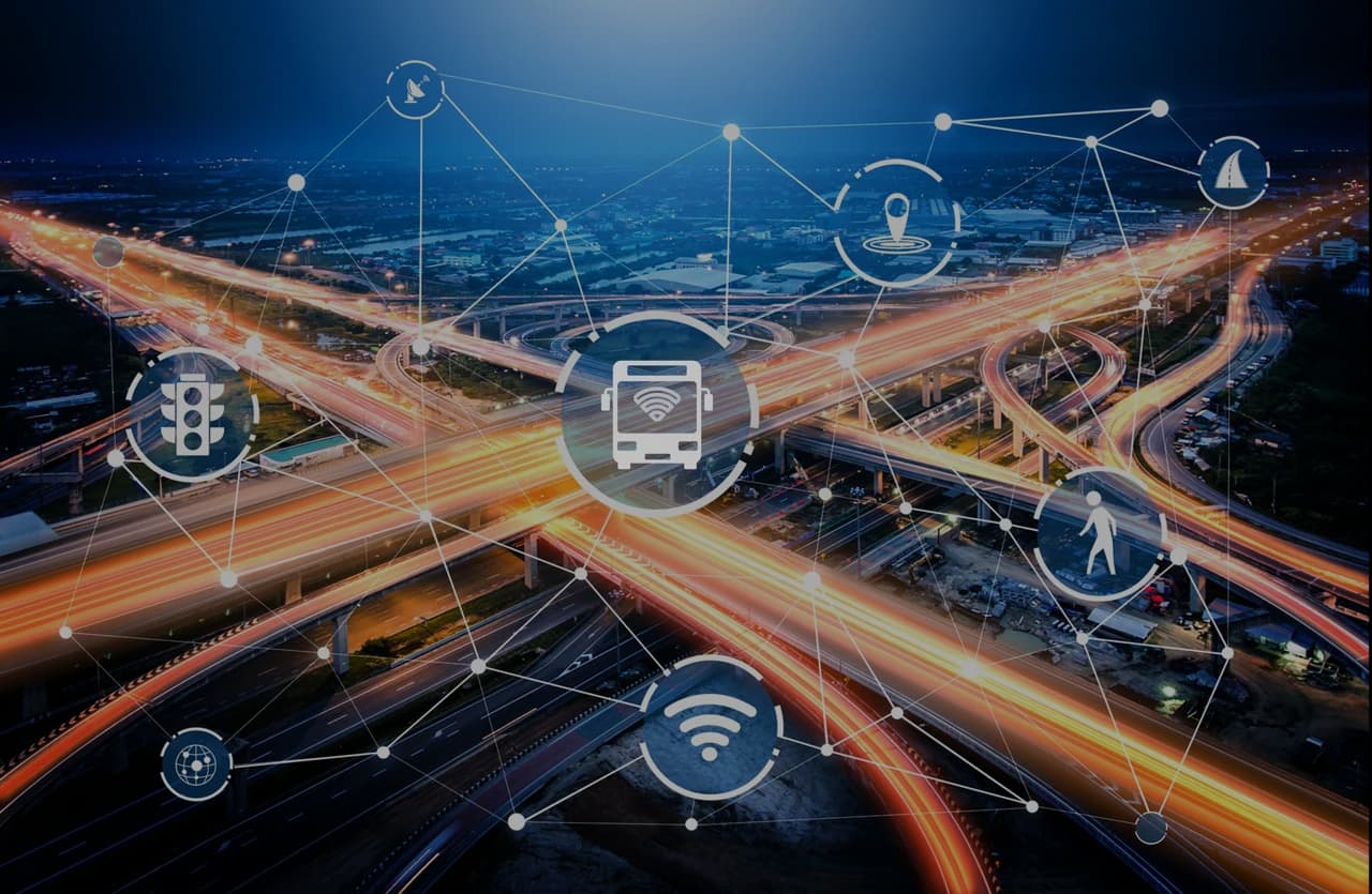 Connected smart mobility network over a nighttime highway interchange