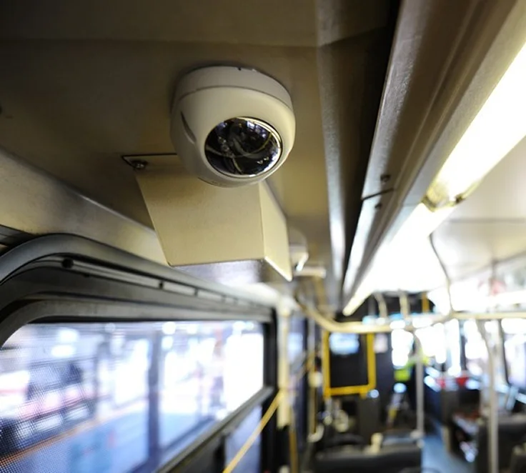 Dome CCTV camera mounted inside a transit bus