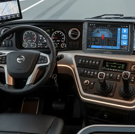 Driver console with digital cluster, CCTV monitor, and route tablet