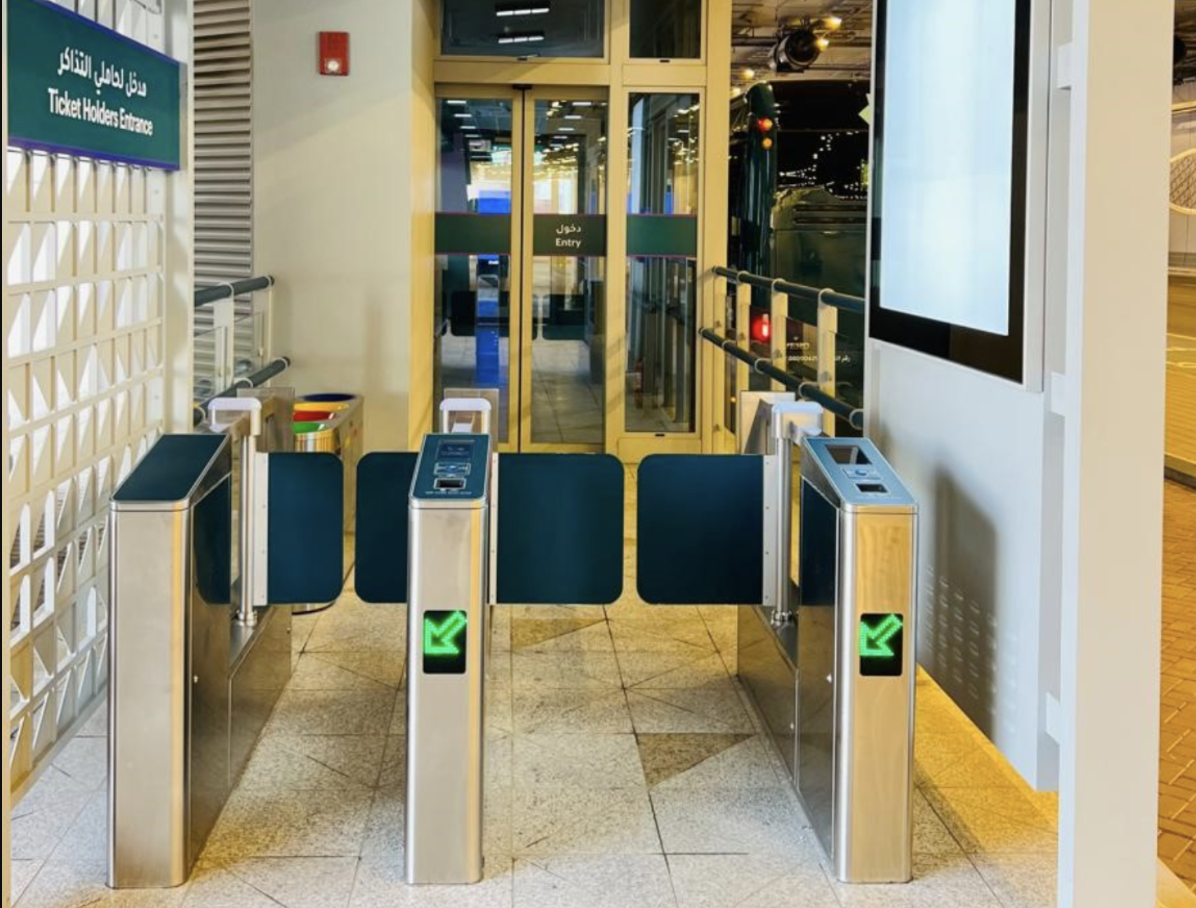 Transit fare gates at a station entrance